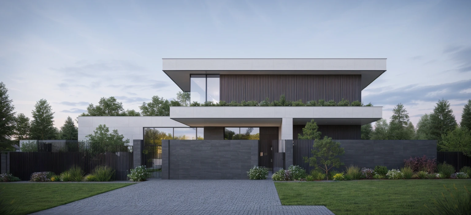 (masterpiece),(high quality), best quality, real,(realistic), super detailed, (full detail),(4k),8k,modern house exterior design,Modern architecture,Beautiful_sky,Day light, no_humans, outdoors,sky,tree,Garden flower front of building,