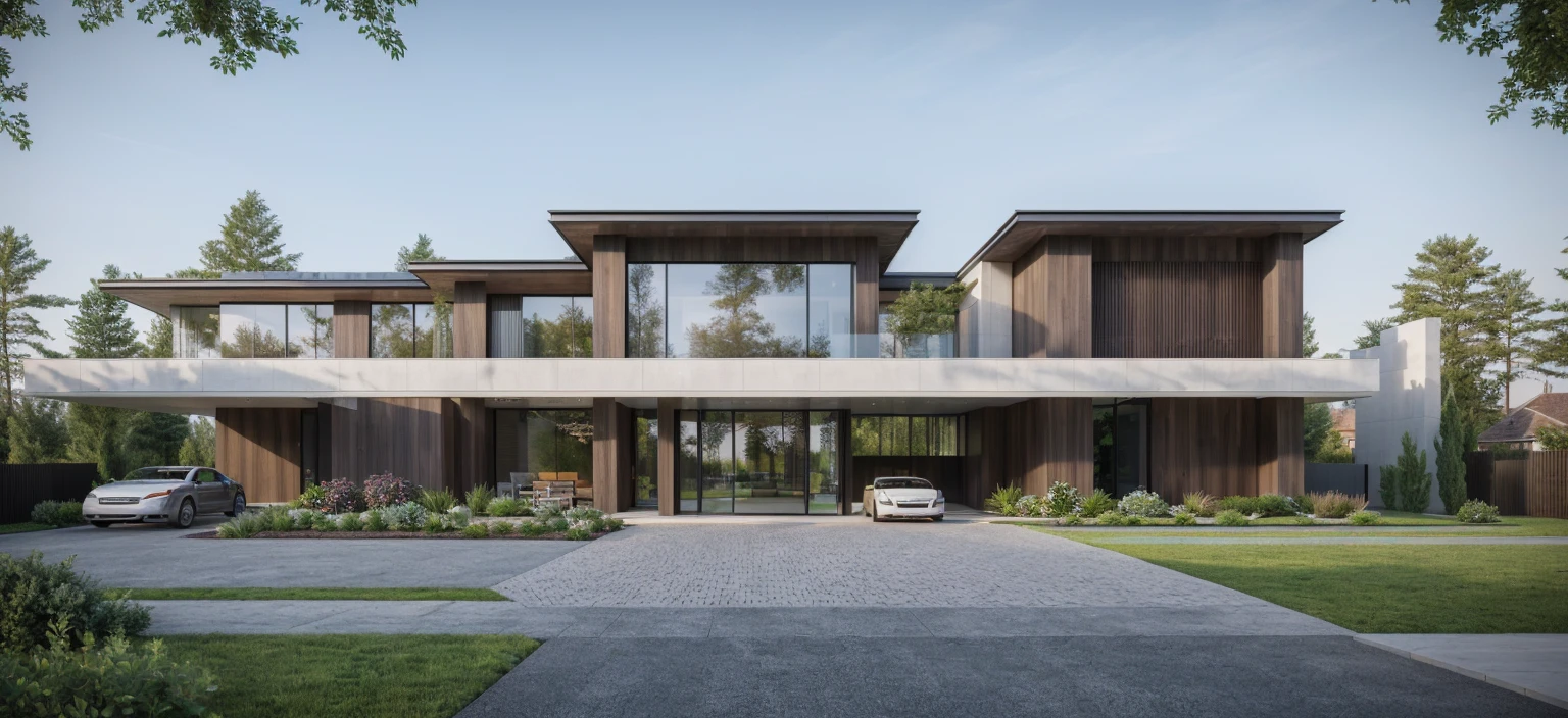 (masterpiece),(high quality), best quality, real,(realistic), super detailed, (full detail),(4k),8k,modern house exterior design,Modern architecture,Beautiful_sky,Day light, no_humans, outdoors,sky,tree,Garden flower front of building,