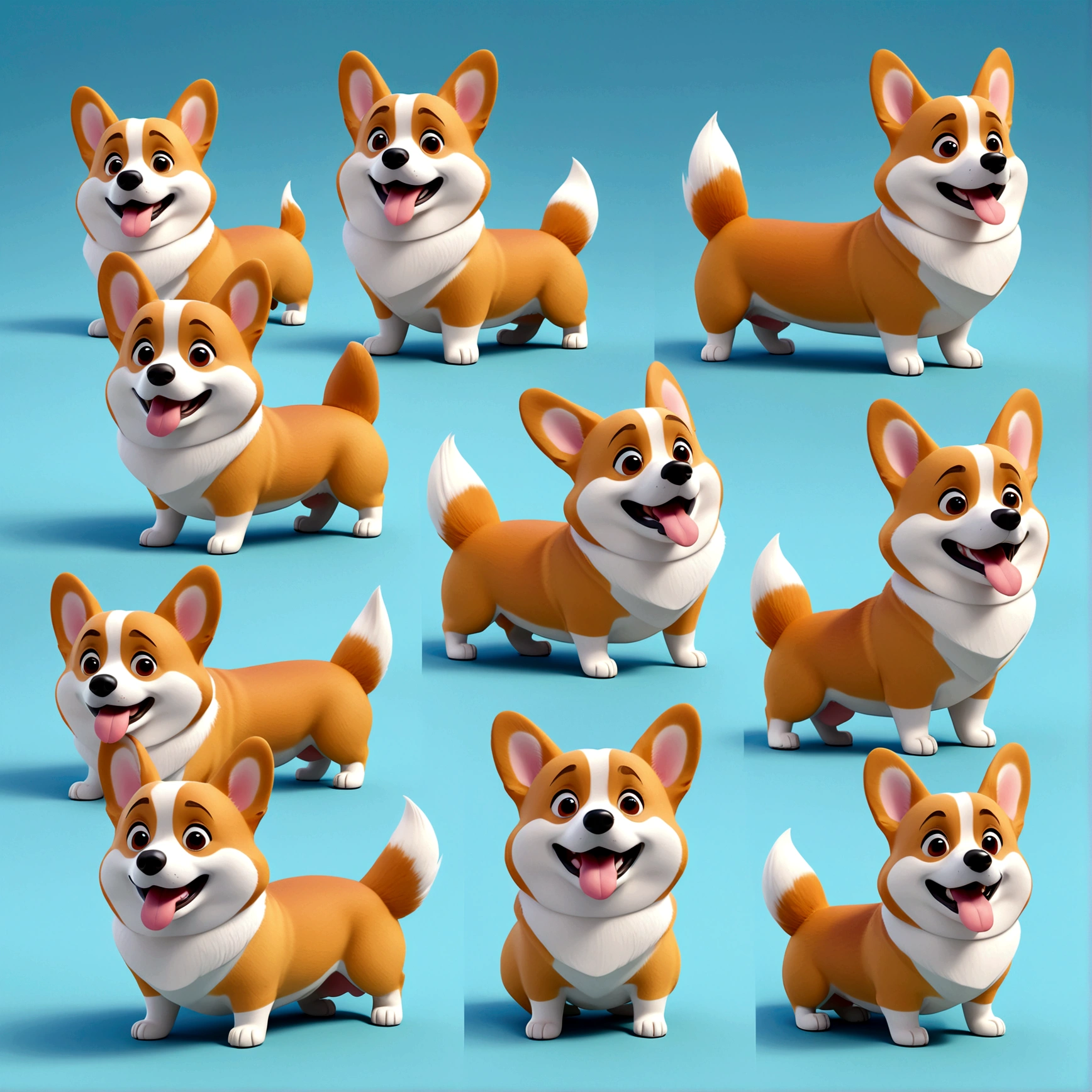 Q version of Corgi, corgi dog's various expressions and actions, happy,laughing, sad, angry, disappointed, surprised, spoiled, white backqround,3D cartoonstyle,nine qrid layout,ilustration desiqn，Pixar style