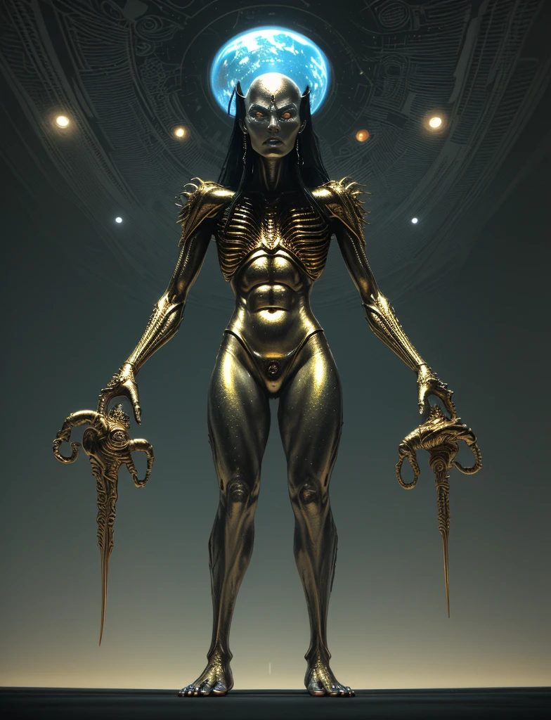 TeRRifying alien space monsteR witH gold and silveR skin,Holding a cane witH Red,green,Orange and blue diamonds,Futuristic,((Female MEGF,Thin body fat, barefoot, Solitary)),Artworks by Boris Vallejo,H.R. Giger and Julie Bell,((ARte ultRaHipeRRealista,elegant,Fine Arts)),((HipeRdetallado,masterpiece,32k,Ultra HD.))，fRee ((seen性感薄脂肪 laRgest-aRea haiRy pussy))，Wide pelvis，Facing the audience，From below，