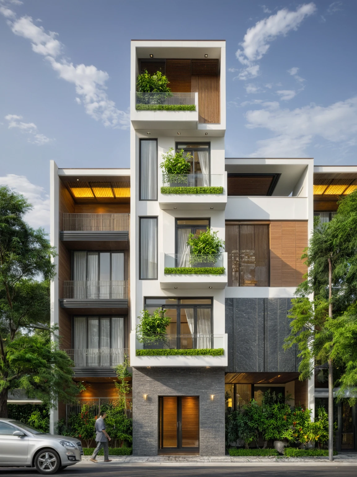 modern villa on street, (overcast lighting:1.2), tropical tree, vivid color, streetcapes, nice sky, grey and wwhite tone, (large glass door:1.2), warm interior lighting, modern material, best quality, ultra realistic, masterpiece, 17ArchiAI_XL_VL-v1