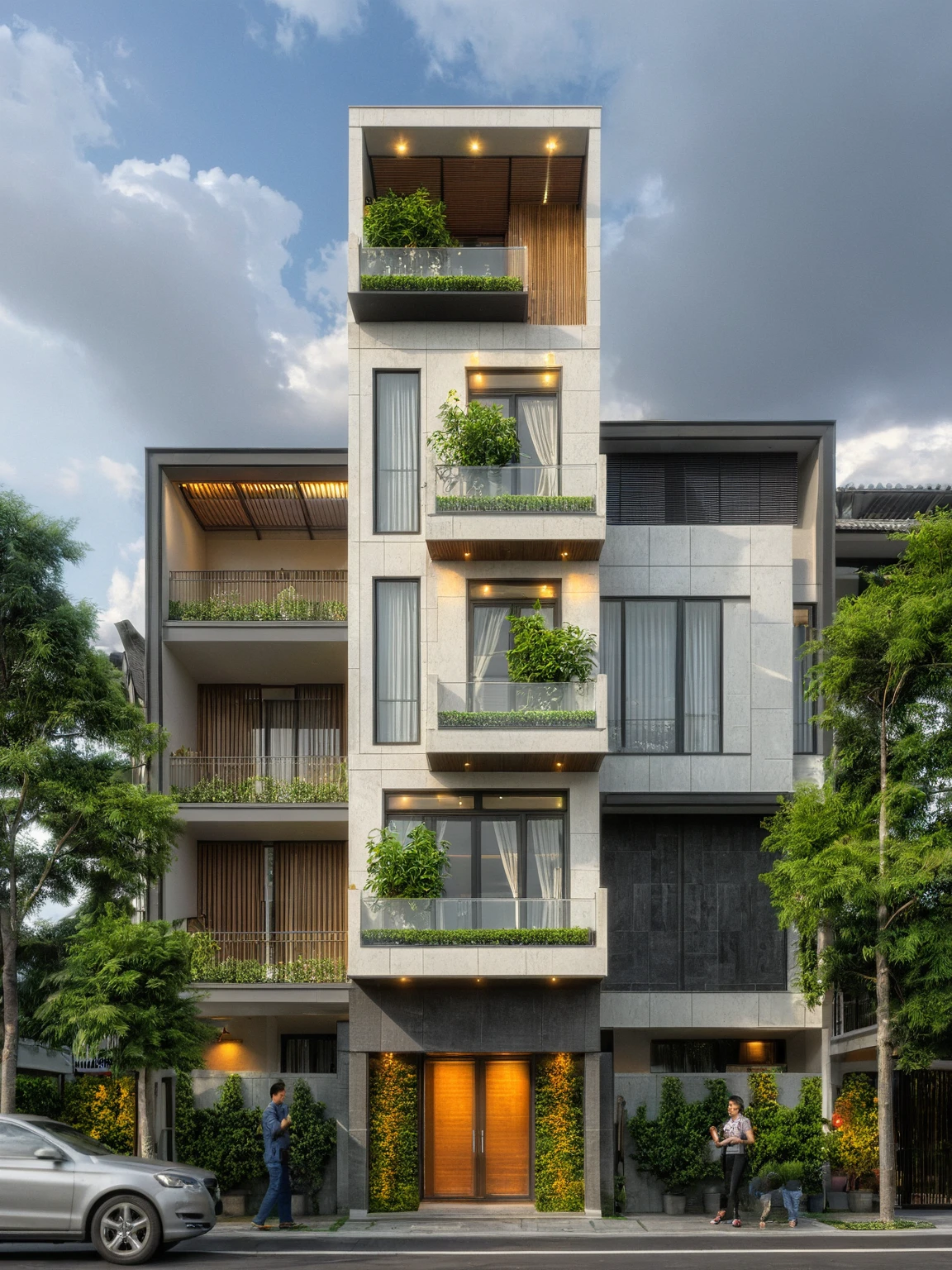 modern villa on street, (overcast lighting:1.2), tropical tree, vivid color, streetcapes, nice sky, grey and wwhite tone, (large glass door:1.2), warm interior lighting, modern material, best quality, ultra realistic, masterpiece, 17ArchiAI_XL_VL-v1