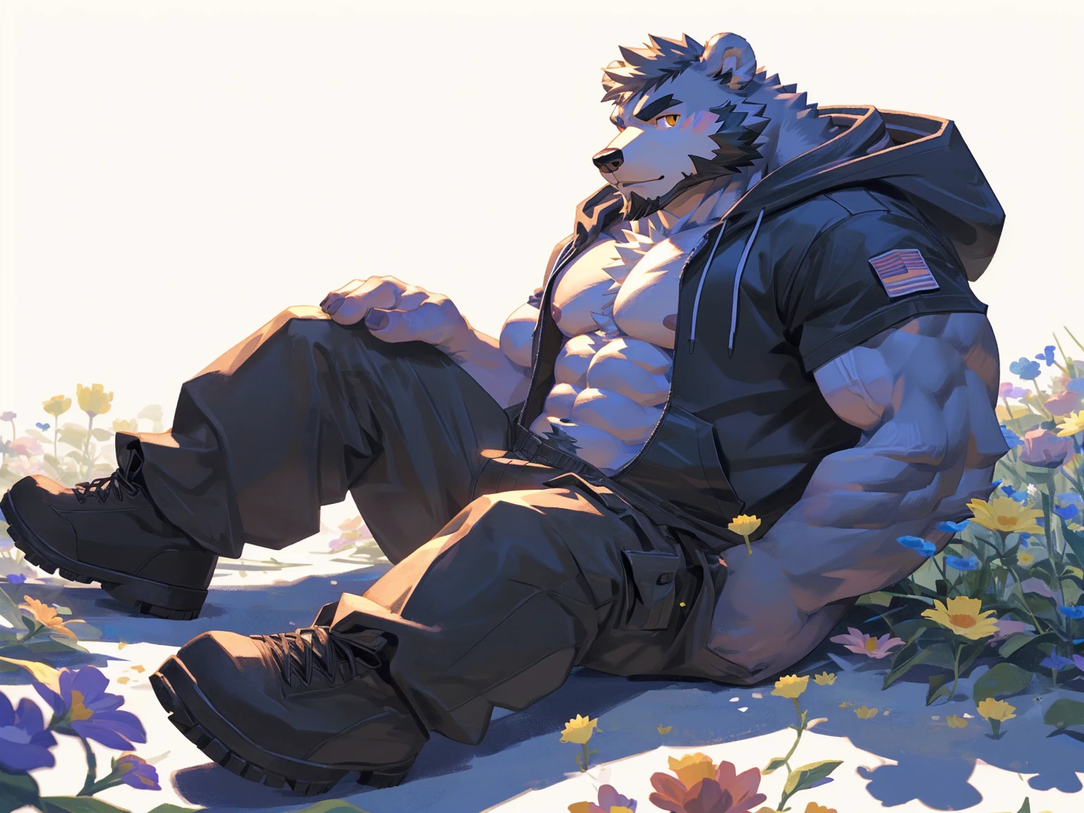(masterpiece:1.2), best quality,pixiv,official art,perfect anatomy, (Ray tracing, light),solo, (1_male:1.3) , (muscle), (grey fur:1.4), (muscle bear), (beard:1.2), (gleaming golden eyes), bear tail, Thick black eyebrows, (open hoodie :1.3) , (naked inside:1.2), cargo pants,boots, portrait , (white background:1.3) , (flowers around:1.3)