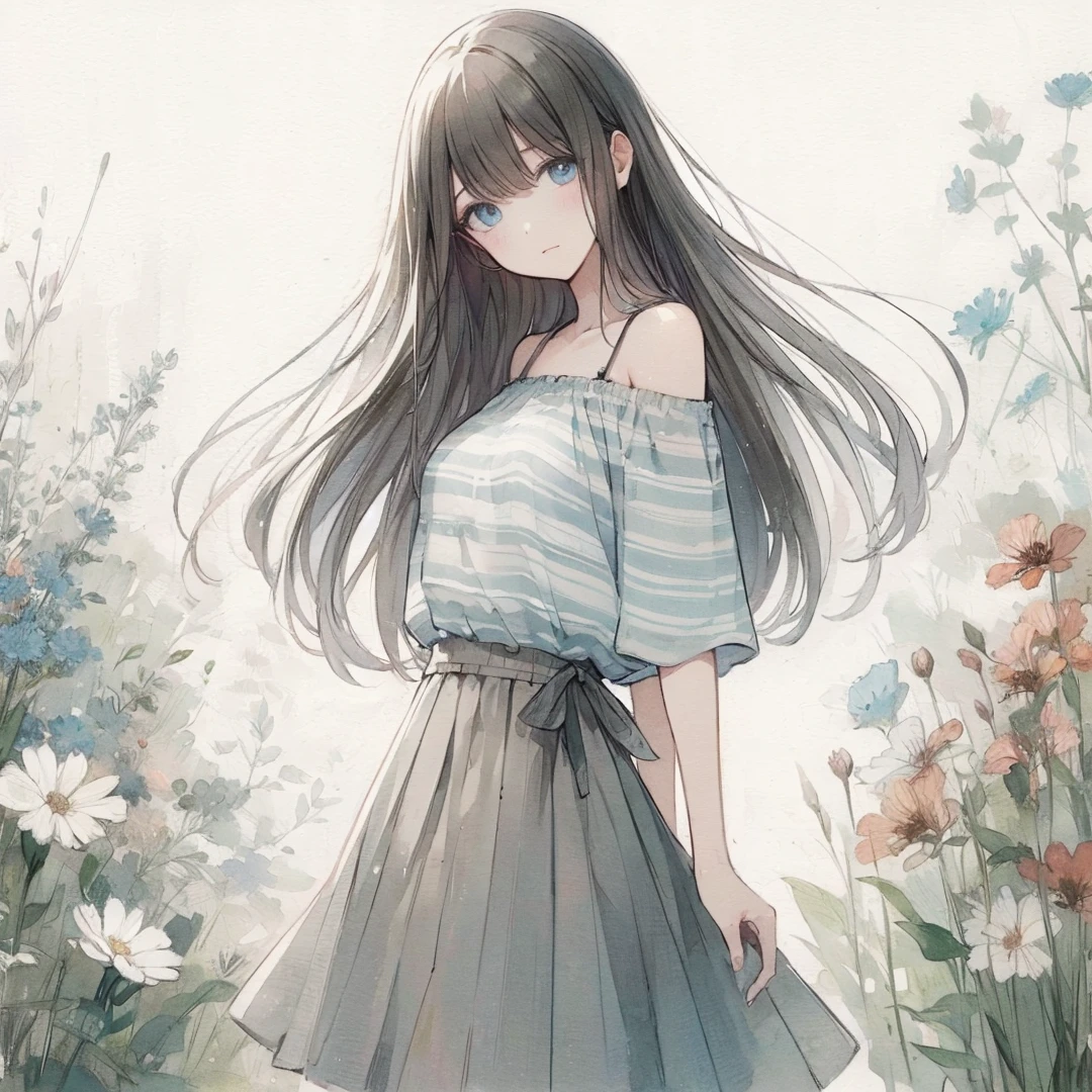 Official art using high-quality hand-drawn watercolor sketch techniques. (best quality,4k,8k,highres,masterpiece:1.2),ultra-detailed,beautiful detailed eyes,A girl with beautiful eyes, everyone, beautiful anime girl, cute anime girl, smooth anime art, anime style, elegant colors, soft lighting, delicate beautiful wet eyes, very coquettish, (beautiful large breast:1.2), (correct hands:1.2),