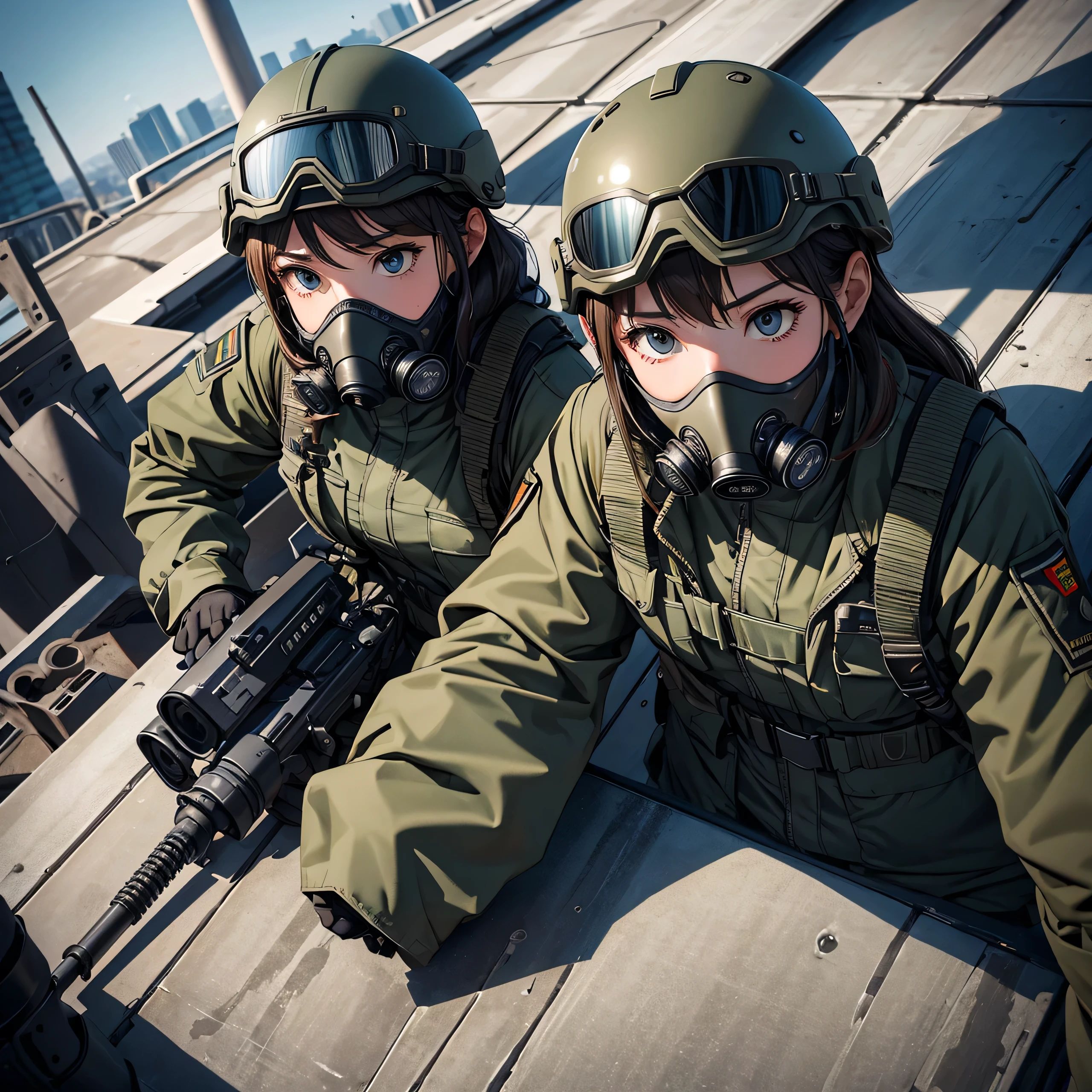 A female soldier wearing an M-51 jacket、front、Wear a steel helmet、Wear goggles、Individual equipment set、Show above thigh、Sit on the stairs、Spread your feet、See the crotch、Write details、masterpiece、best quality、Highly detailed CG、8K picture quality