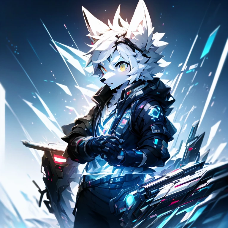 cyber punk perssonage，epcot，Tech style，solo person，White body，White ears，White hair，Overall white，Orange-yellow eyes，Wolf tail，Wolf orcs，Young，Wear a short-sleeved shirt，Ultra-clear screen，Soft lines