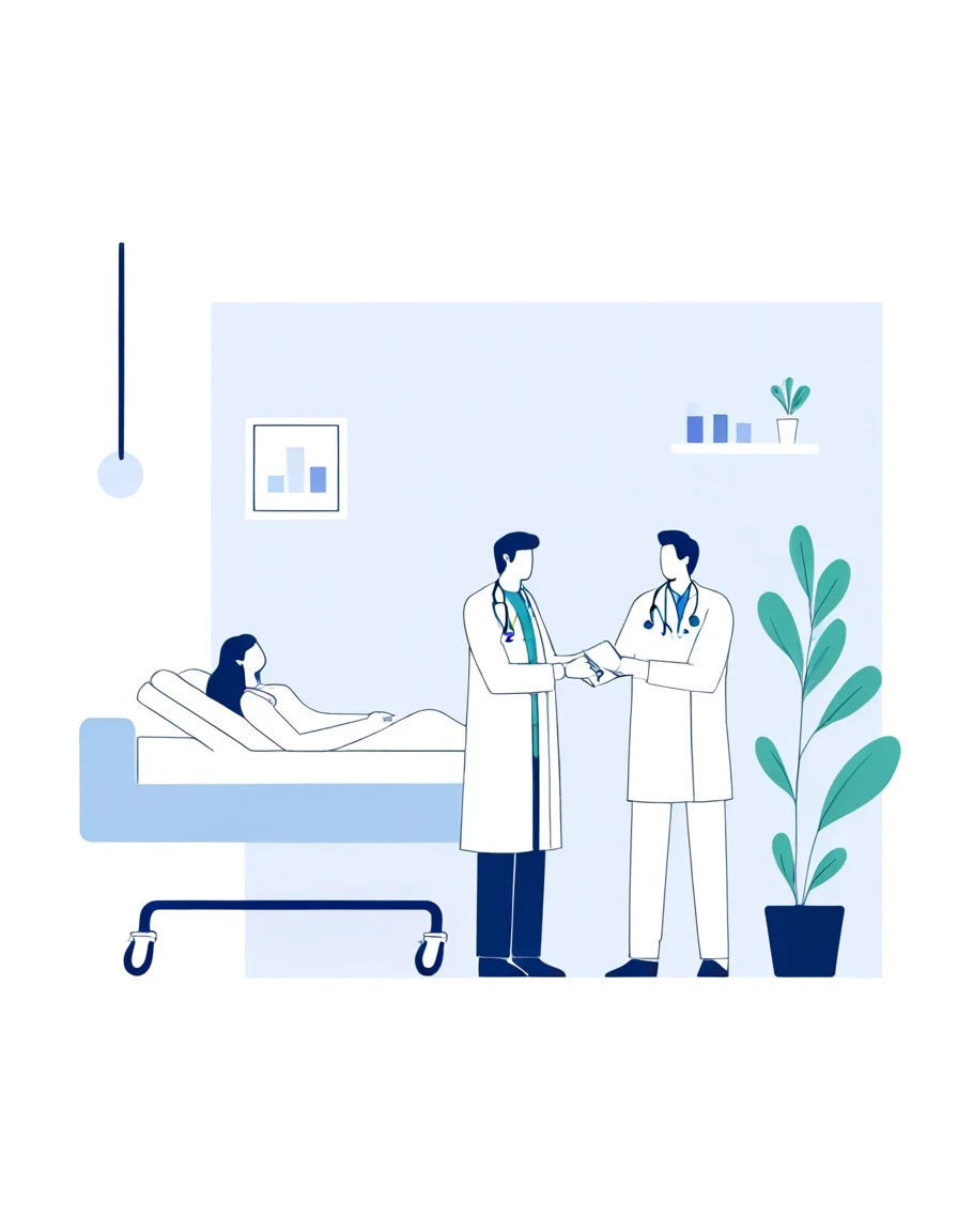 a man in a white coat is standing next to a woman in a Hospital bed, medical doctor, Flat illustration, Hospital background, in Hospital bed, doctor, Hospital room, medical background, Nursing, health care worker, Medical imaging, digital Medical equipment, colorful Medical equipment, Medical equipment, medical illustration, health care, Clean medical environment, Medical drawing, Hospital, Hospital ward