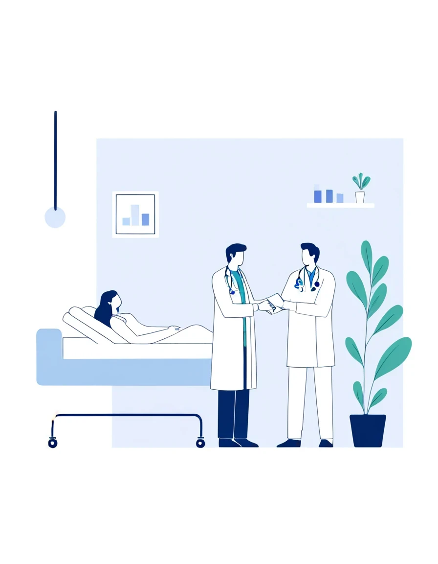 a man in a white coat is standing next to a woman in a Hospital bed, medical doctor, Flat illustration, Hospital background, in Hospital bed, doctor, Hospital room, medical background, Nursing, health care worker, Medical imaging, digital Medical equipment, colorful Medical equipment, Medical equipment, medical illustration, health care, Clean medical environment, Medical drawing, Hospital, Hospital ward