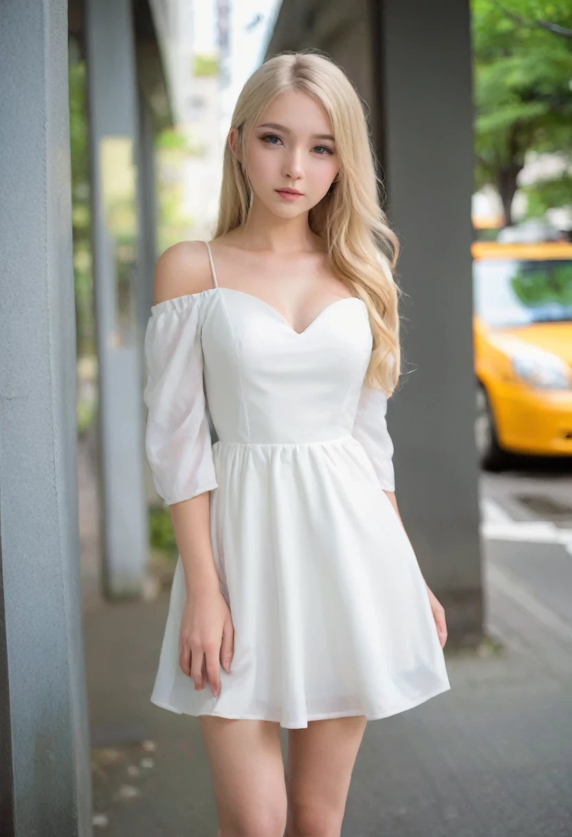 A 20-year-old blonde and delicate woman wearing a dress