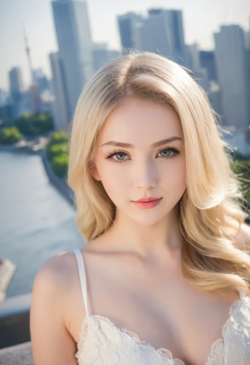 Leila、18-year-old、（Russian women）、（Cute face:1.3）、（Thin contours）、Grey Eyes、、Blonde medium-long hair、Big Breastodel Style、Angle up to the knee、White dress、Inside the city of Tokyo