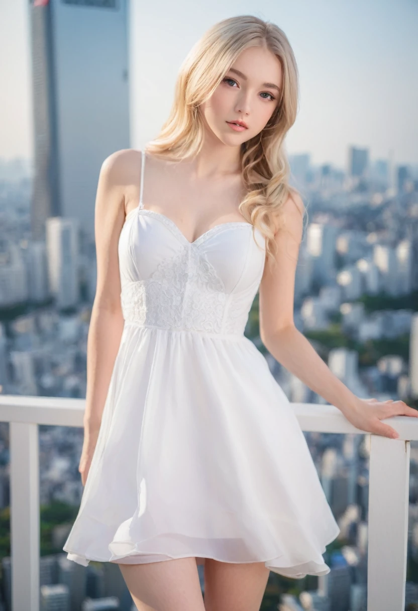 Leila、18-year-old、（Russian women）、（Cute face:1.3）、（Thin contours）、Grey Eyes、、Blonde medium-long hair、Big Breastodel Style、Angle up to the knee、White dress、Inside the city of Tokyo