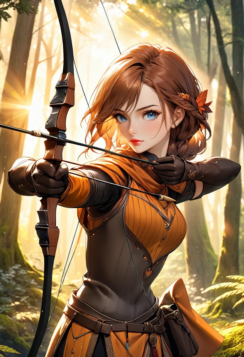 a beautiful female archer, holding a bow, detailed face, beautiful eyes, detailed facial features, flowing hair, elegant pose, fantasy landscape, lush forest, sunlight filtering through trees, muted color palette, dramatic lighting, cinematic composition, digital painting, ultra-detailed, (best quality,4k,8k,highres,masterpiece:1.2),ultra-detailed,(realistic,photorealistic,photo-realistic:1.37)