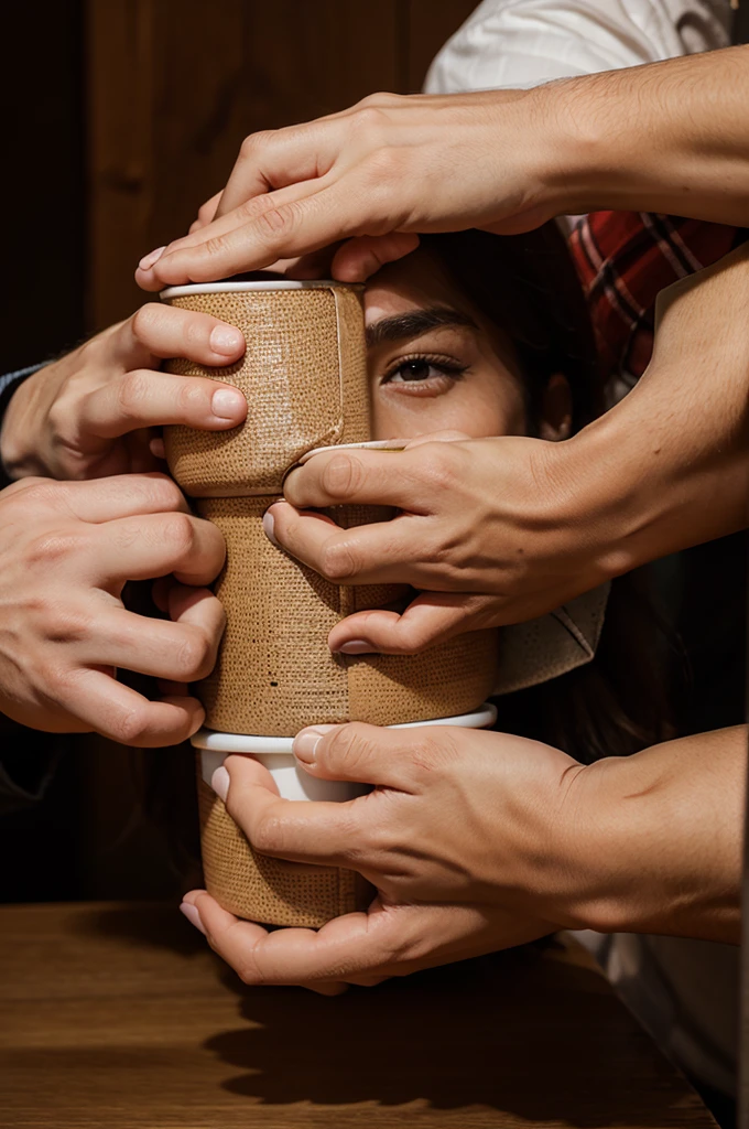 Many different hands are pointing towards a man who is drinking a cup of coffee, their hands are wrapped around him as if judging him.