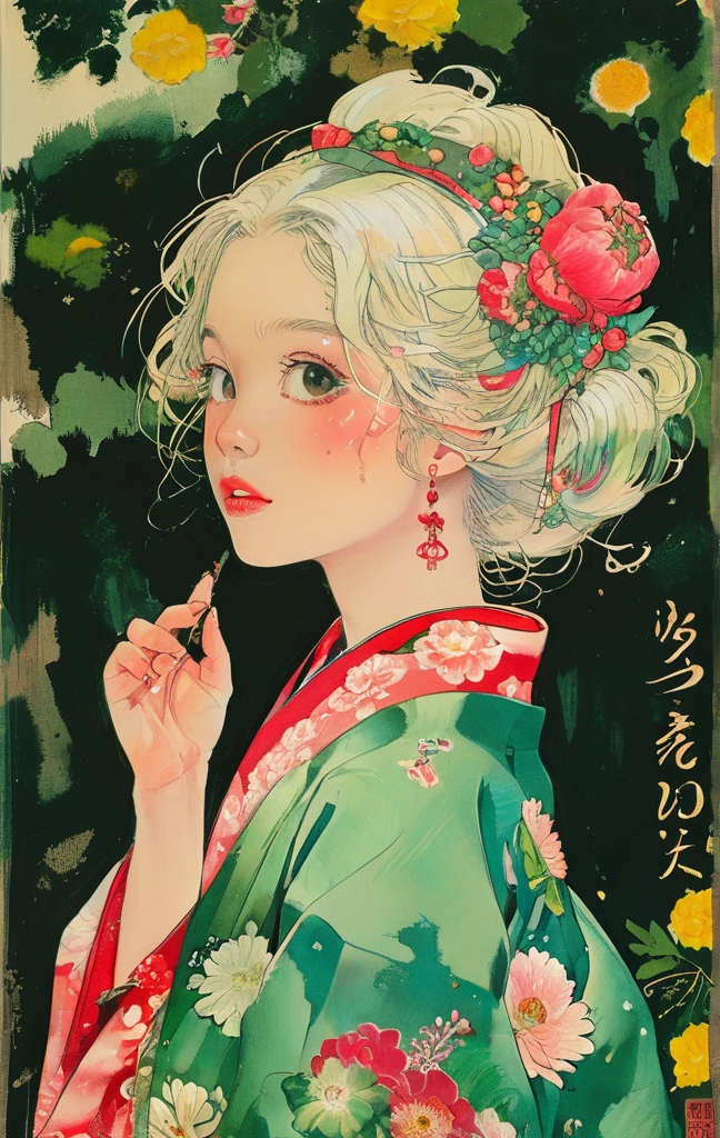 On a bright red campus"YES"Character、(masterpiece, best quality:1.2), 1 girl, Solitary，anime style，White hair, Girl with pink lips and light floral earrings puts finger on mouth，With the style of a top portrait painter, Yellow-green background、Menela style, by Ernst Haeckel, exquisite illustration of a Japanese girl in a kimono wearing flowers, beautiful girls, botanical art,