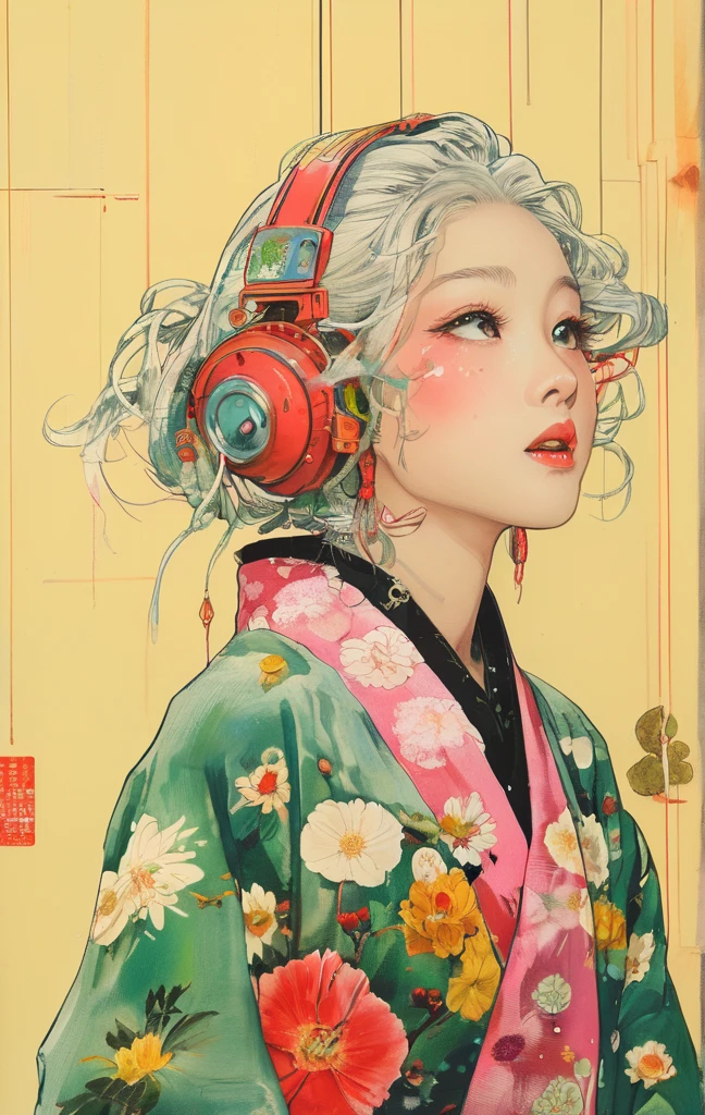 On a bright red campus"YES"Character、(masterpiece, best quality:1.2), 1 girl, Solitary,anime style,White hair, Girl with pink lips and light floral earrings puts finger on mouth,With the style of a top portrait painter, Yellow-green background、Menela style, by Ernst Haeckel, exquisite illustration of a Japanese girl in a kimono wearing flowers, beautiful girls, botanical art,