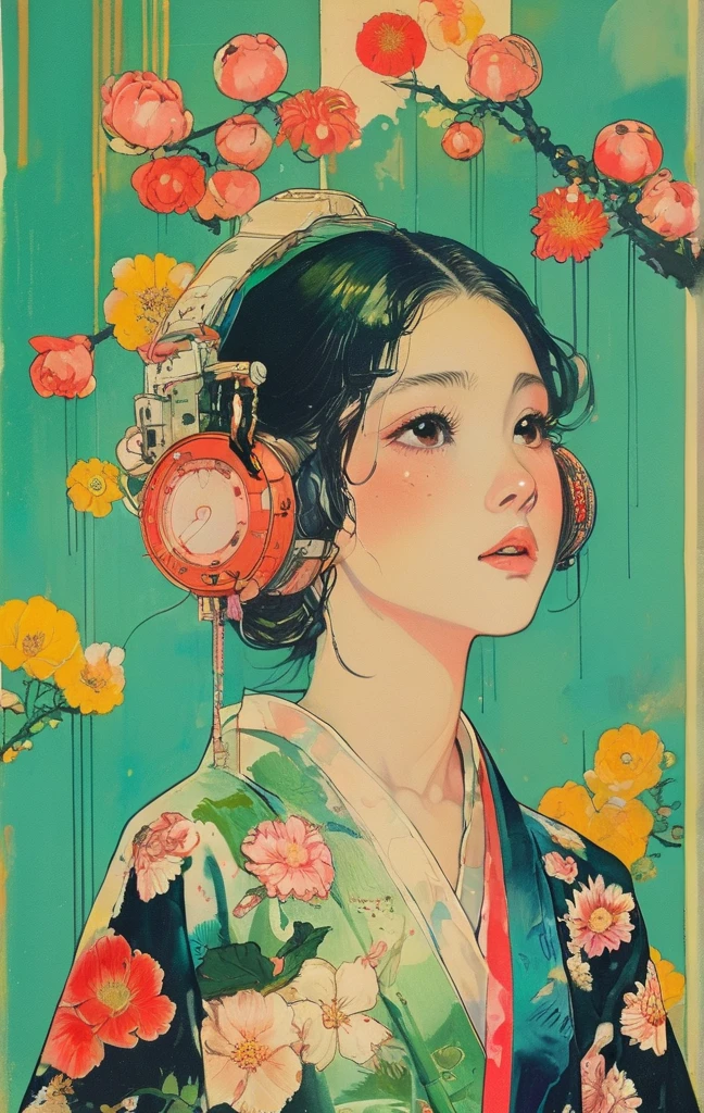 On a bright red campus"YES"Character、(masterpiece, best quality:1.2), 1 girl, Solitary，anime style，White hair, Girl with pink lips and light floral earrings puts finger on mouth，With the style of a top portrait painter, Yellow-green background、Menela style, by Ernst Haeckel, exquisite illustration of a Japanese girl in a kimono wearing flowers, beautiful girls, botanical art,