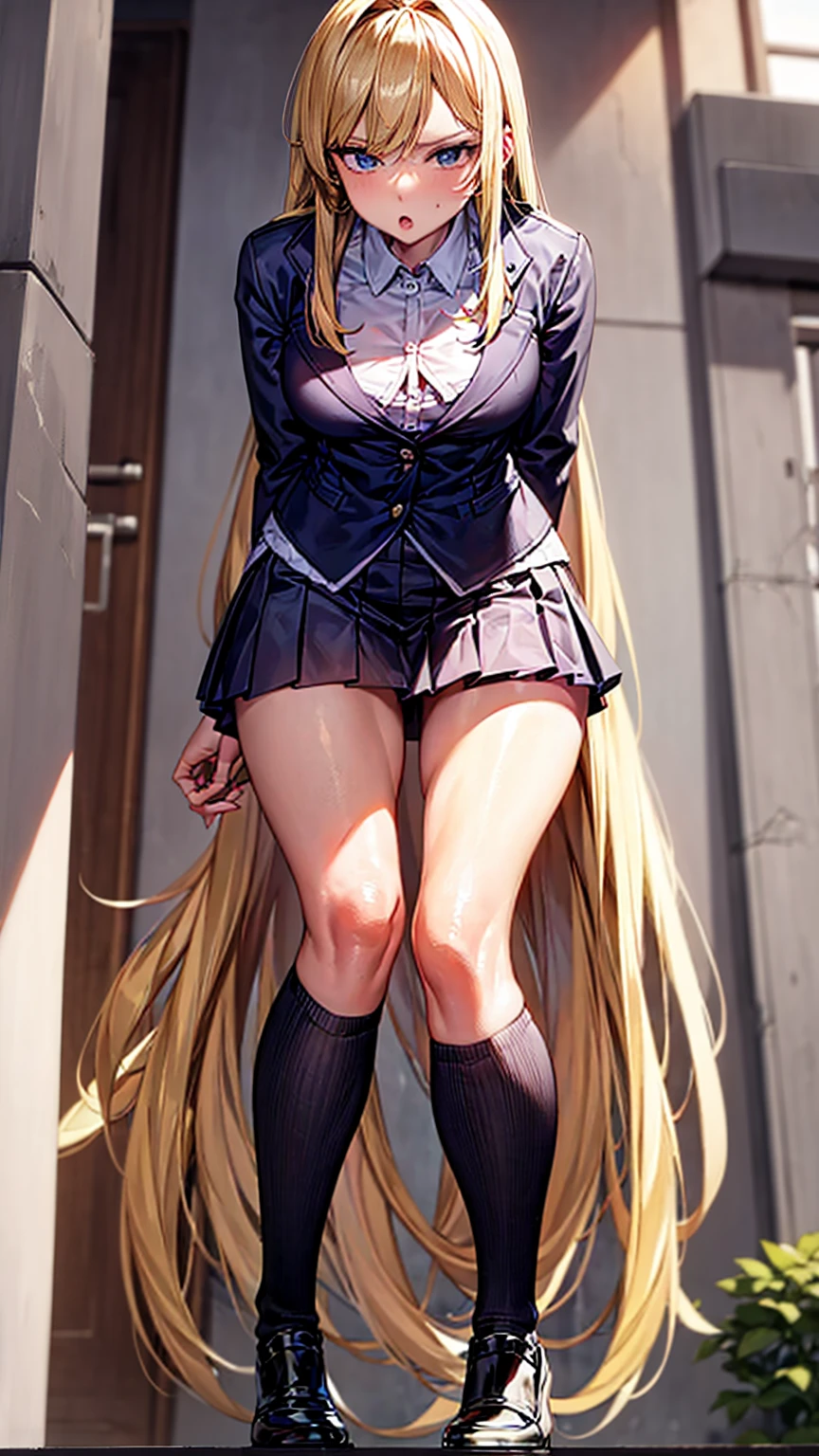 Bully student approaches me with a perverse face as I am a nerd, wearing short skirt, blonde hair, blue eyes, small firm breasts, long sexy legs, bad girl. very tall girl, photo from below the girl, bully, anger face, perspective from the ground