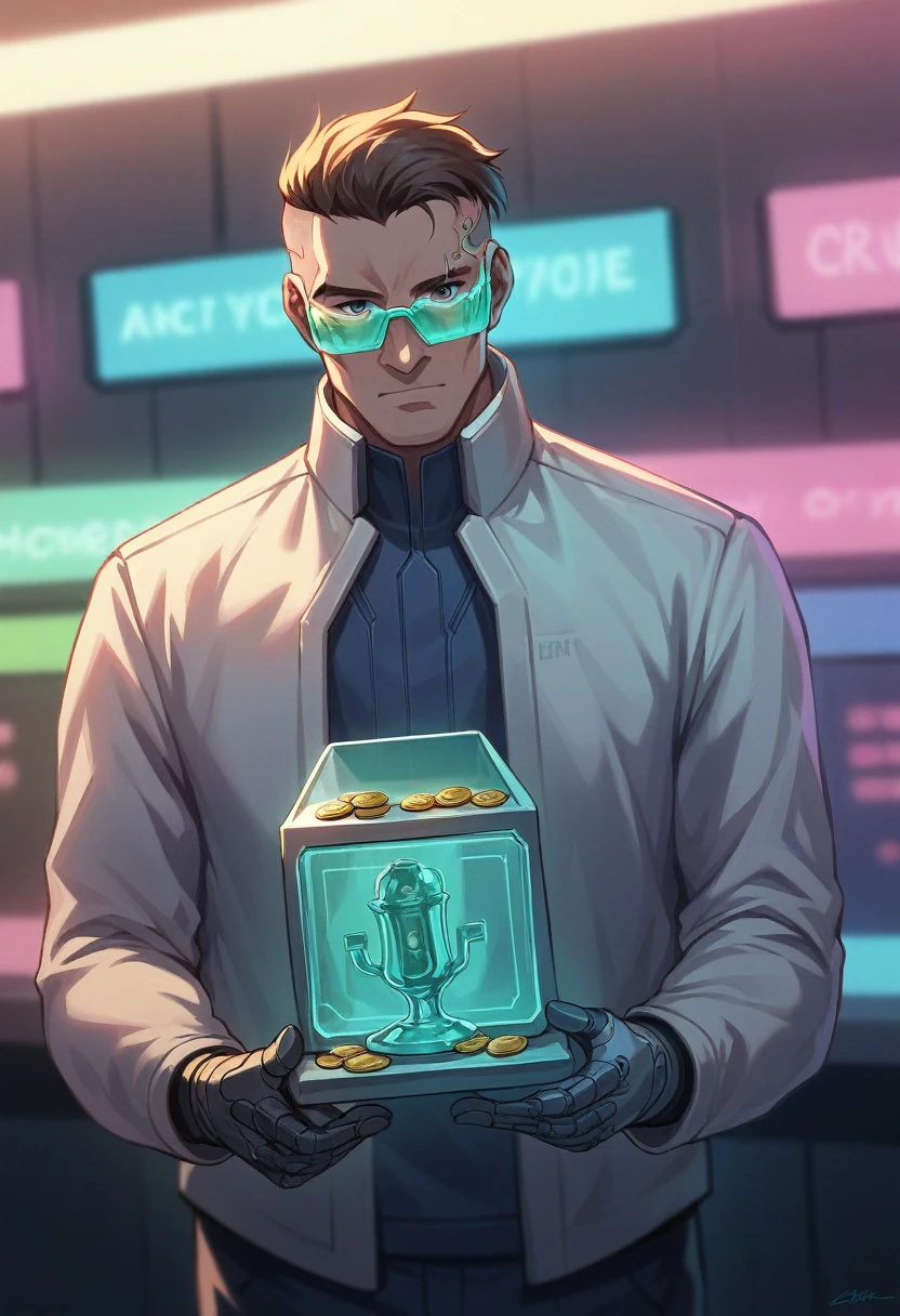 3d, retro arcade, male character in futuristic battle mech, VR glasses, futuristic outfit, half-length shot, holding a large trophy in his hands, with slot machines and game icons in the background. The style is a mix of cyberpunk and modern art, cyberpunk theme with green neon lights and background with slot777 in the background, gold coins and dollars floating around, futuristic digital art, an artificial intelligence humanoid head wearing glasses, holographic screen reflecting futuristic cityscape, in the center of a high-tech lab interior. The background is blurred to emphasize the subject. Digital art in the style of a conceptual illustration, with cool neon blue and cyan light effects to create an energy effect. --ar 32:19 --s 250 --style raw --niji 6