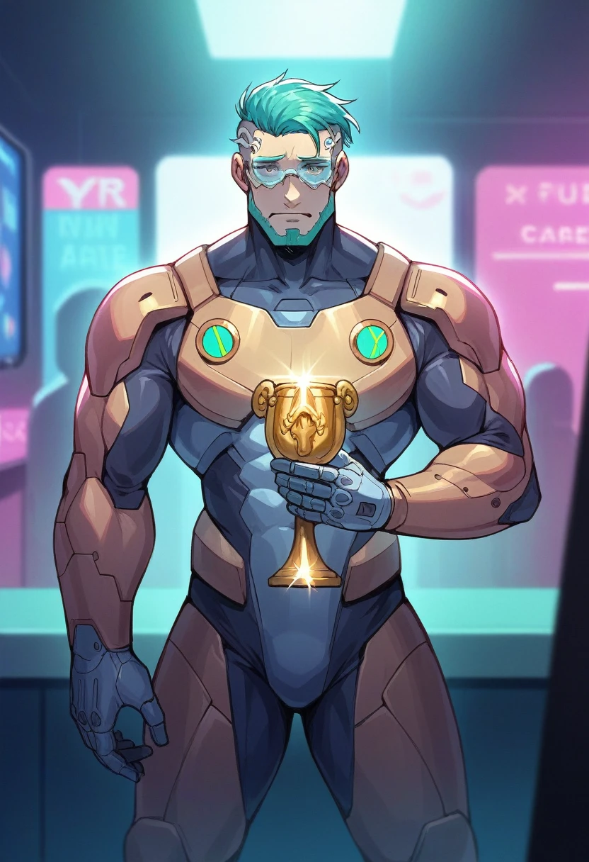 3d, retro arcade, male character in futuristic battle mech, VR glasses, futuristic outfit, half-length shot, holding a large trophy in his hands, with slot machines and game icons in the background. The style is a mix of cyberpunk and modern art, cyberpunk theme with green neon lights and background with slot777 in the background, gold coins and dollars floating around, futuristic digital art, an artificial intelligence humanoid head wearing glasses, holographic screen reflecting futuristic cityscape, in the center of a high-tech lab interior. The background is blurred to emphasize the subject. Digital art in the style of a conceptual illustration, with cool neon blue and cyan light effects to create an energy effect. --ar 32:19 --s 250 --style raw --niji 6