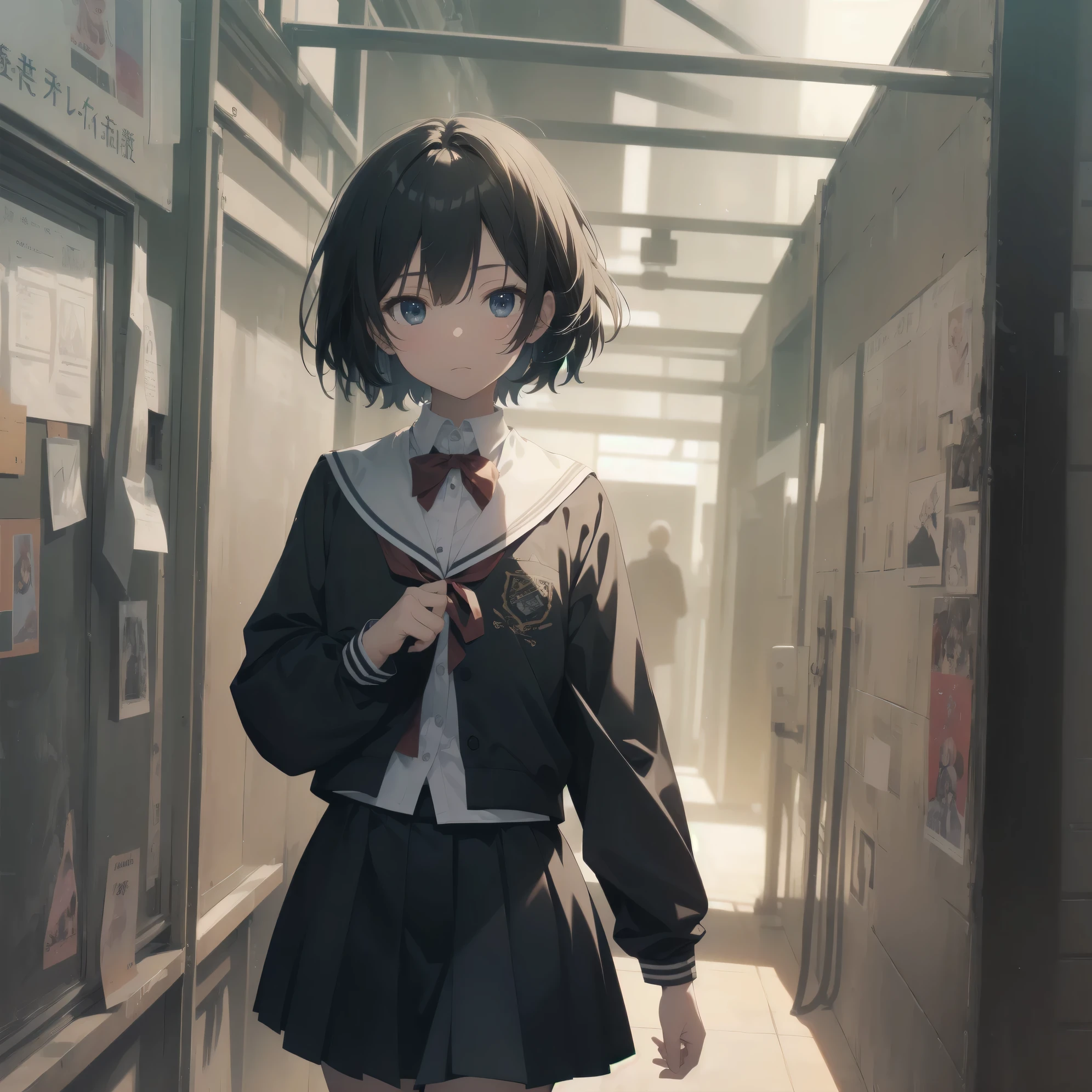 ultra-absurdres-Top quality by artist God, ultra-detailed, high resolution, anime moe artstyle, best anime 8k konachan wallpaper, pixiv contest winner, pool:2810, perfect anatomy,break, 1girl, (Please draw a girl walking sleepily to school alone. )break,(Solo,little female, 13-year-old:1.3),Full limbs, complete fingers,a junior high school student, (very short hair), short cut, flat chest, , small butt, small black eyes, beautiful detailed eyes, well-proportioned iris and pupils, expressive eyes, highres detailed hair, soft expression, salor school_uniform, sailor collar, serahuku, bow, pleated skirt,(Detailed Lighting), (Detailed background), in the School commute route. break,super detailed skin, Best cinematic lighting powered by famous artist, 8k,beauty illustration,photoshop_(medium),very aesthetic,break,((artist:toosaka_asagi )), artist:clamp ,artist:carnelian ,artist:kantoku ,
