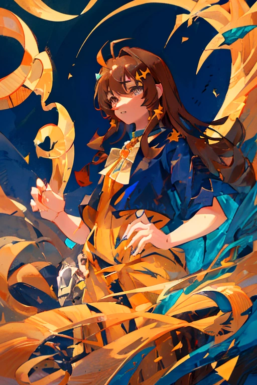 Cute girl, long caramel hair, brown eyes, dark blue sea serpent tail, sharp teeth, dark blue antenna in hair (they look somewhat like antenna), little gills on neck just below jawline