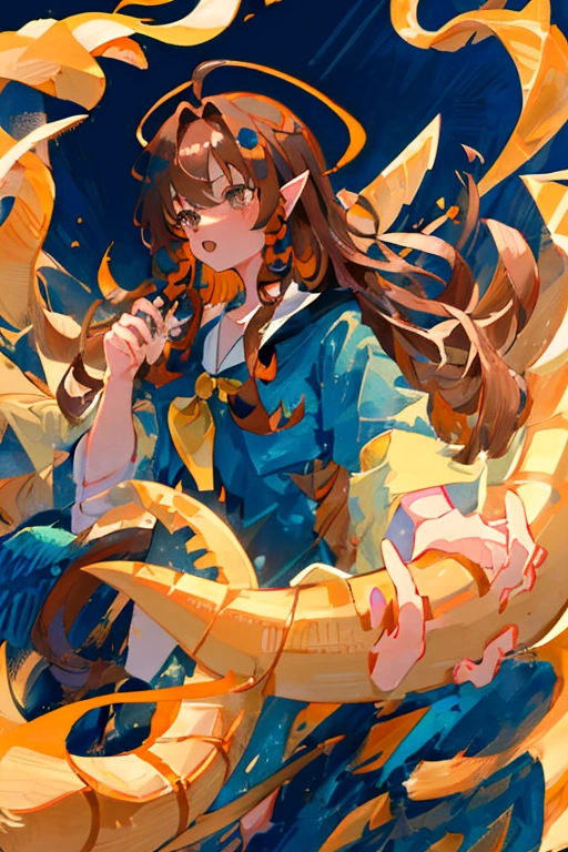 Cute girl, long caramel hair, brown eyes, dark blue sea serpent tail, sharp teeth, dark blue antenna  in hair (they look somewhat like antenna), little gills on neck just below jawline