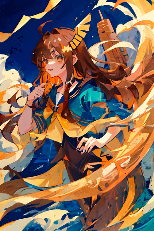 Cute girl, long caramel hair, brown eyes, dark blue sea serpent tail, sharp teeth, dark blue antenna in hair (they look somewhat like antenna), little gills on neck just below jawline