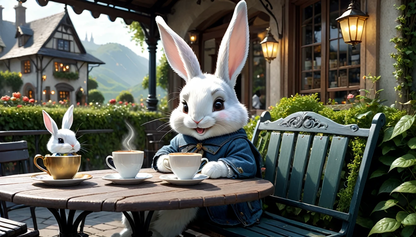 C4tt4stic, Anthropomorphic cute baby rabbit character, dressed and bipedal, human-like posture, drinking hot coffee, sitting on a cafe terrace seat, lush garden, smiling, reading a book, casual clothing, mystical, fantasy art, exquisite details, Jean-Baptiste Monge style, Alan Lee style, movie scene, dramatic shot angles, atmospheric particles, realistic, raw cinematic photorealism, action portrait, 8k, detailed, full frame
