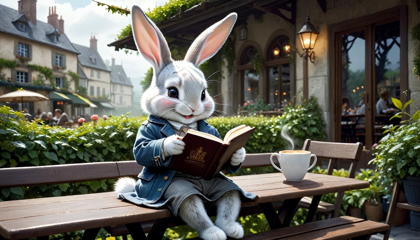 C4tt4stic, Anthropomorphic cute baby rabbit character, dressed and bipedal, human-like posture, drinking hot coffee, sitting on a cafe terrace seat, lush garden, smiling, reading a book, casual clothing, mystical, fantasy art, exquisite details, Jean-Baptiste Monge style, Alan Lee style, movie scene, dramatic shot angles, atmospheric particles, realistic, raw cinematic photorealism, action portrait, 8k, detailed, full frame
