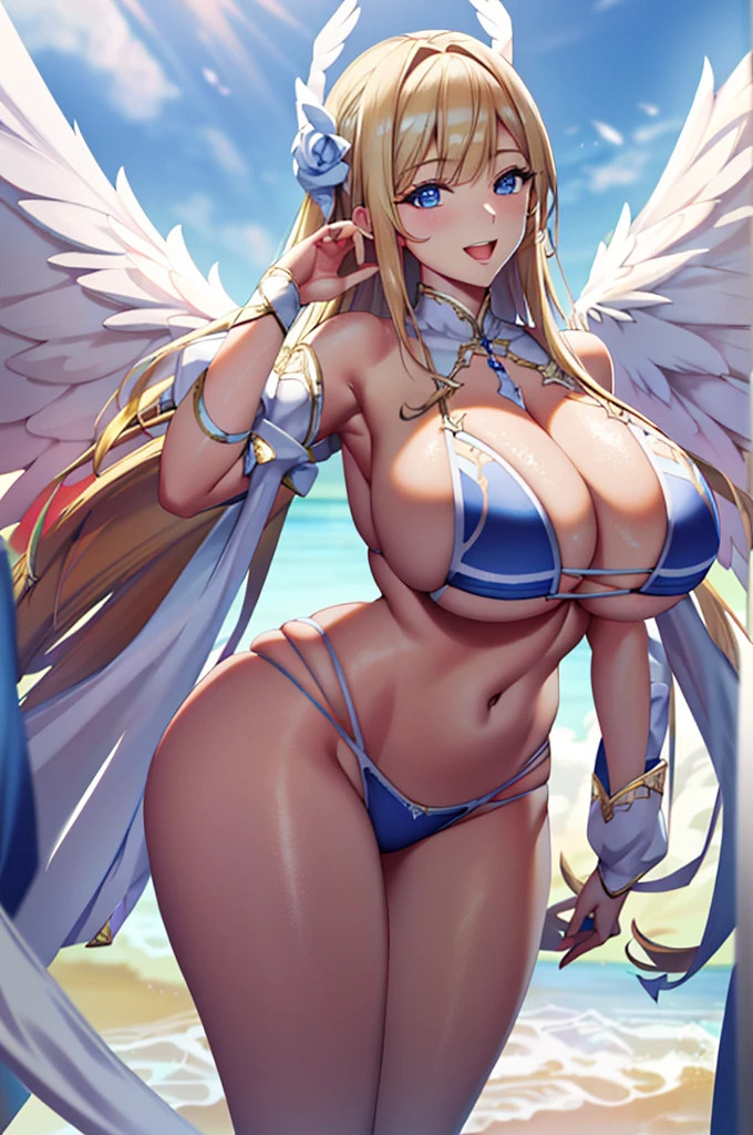 最high quality, high quality, 8K、High resolution,Highest quality、solo、Arafe woman wearing a white bikini, belly button、From below、Open Mouth Smile、Blonde hair and blue eyes、白いビキニを着ているsuper Wide Angel, Majestic angel all over the body, Anime Goddess, Wide Angel, Angela White, chic, Spectacular angles and poses,Beautiful and attractive anime woman wearing a white bikini, Huge and stunning goddess shots, Angel Knight Girl, Tall female angel, She has angel wings on her back, Highly detailed goddess shot