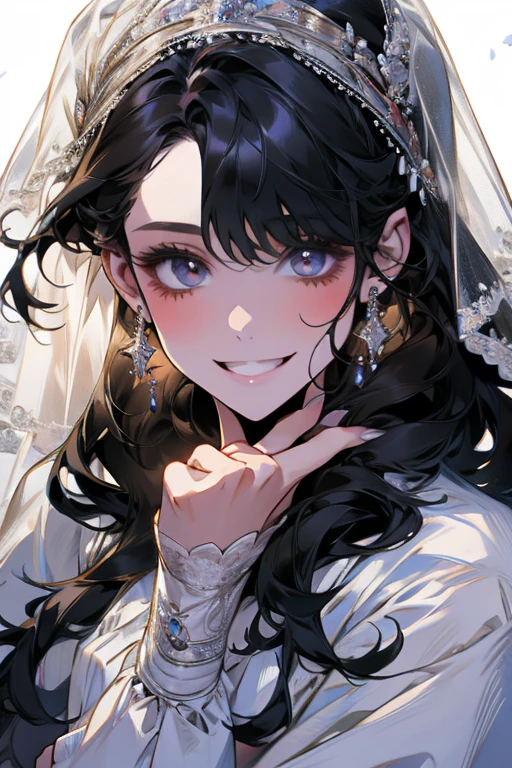 Wedding scene,Bride in a white wedding dress,Smiling slightly,Perfect face,Black Hair,Perfect face