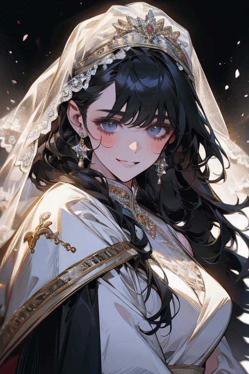 Wedding scene，Bride in a white wedding dress，Smiling slightly，Perfect face，Black Hair，Perfect face