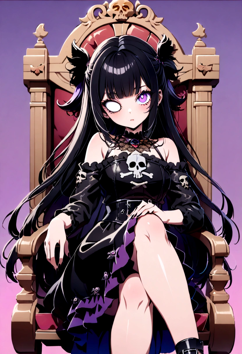 Black Hair、Black Feather、Gothic punk dress、Legs sticking out,Sit on a chair, Crossing your legs、Throne,anime zombie witch design, Crossbones, skull, Streetwear Design, Provector, Horror Style, Full Design, Only 6 colors, Solid Colors, No Shadow, Full Design, Stickers, Bright colors, White Background.Ultra-fine illustrations,(((Beautiful fine hair))),(((Beautiful Faces))),(((Beautiful background))),(((Beautiful fine hair))),(((Beautiful Faces))),(((Beautiful background)))、Black Hair、Blunt bangs,Undershot((Right hand white eye,Left eye purple)),Otto Eyes