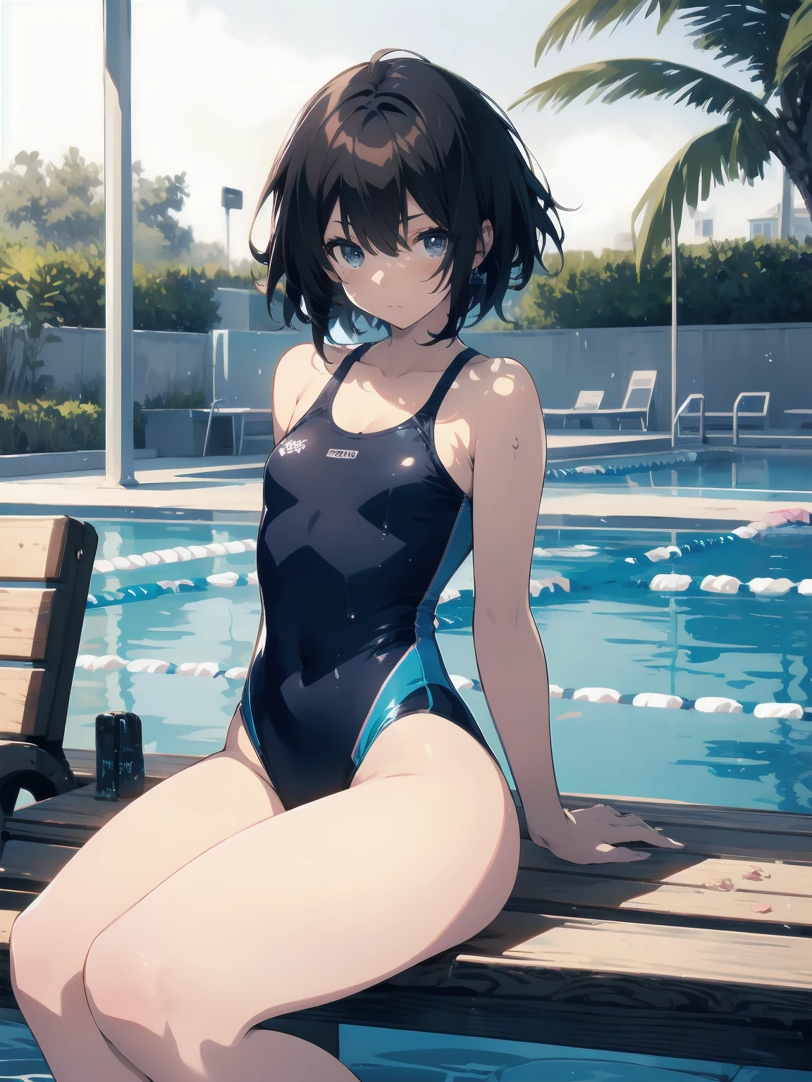 ultra-Top-quality by art God, ultra-detailed, high resolution, shinkai makoto style, anime moe artstyle, best anime 8k konachan wallpaper, pixiv contest winner, perfect anatomy, break,(Please draw a picture of a girl in a swimsuit sitting sleepily on a bench by the poolside alone.),break, a hyperrealistic school girl, (Solo,ta, kid, 13-year-old:1.3),Full limbs, complete fingers, androgynous charm, (very short hair), wet hair, small breasts,slender body, Small butt, groin, Small black eyes,hanme,beautiful detailed eyes, well-proportioned iris and pupils, sleepy eyes, highres detailed hair, swimsuit, wet swimsuit, bare shoulders, thighs, in the school pool. break,super detailed skin, shiny skin, Best lighting powered by famous artist, 8k, illustration,UHD, textured skin,break,((artist:mattaku_mousuke )), artist:clamp ,artist:carnelian ,artist:kantoku ,