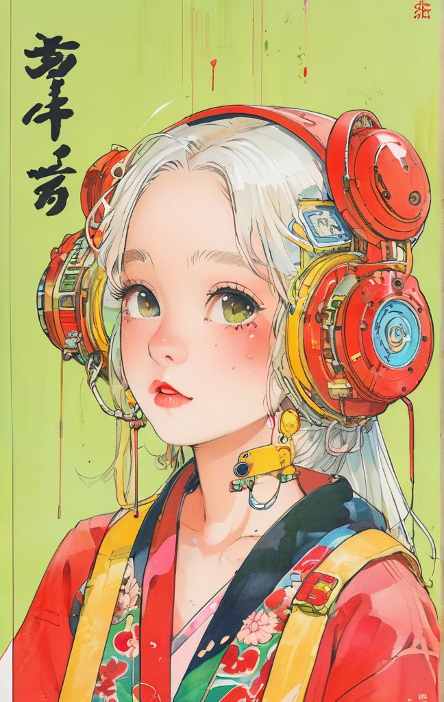 On a bright red campus"YES"Character、(masterpiece, best quality:1.2), 1 girl, Solitary,anime style,White hair, Girl with pink lips and light floral earrings puts finger on mouth,With the style of a top portrait painter, Yellow-green background.