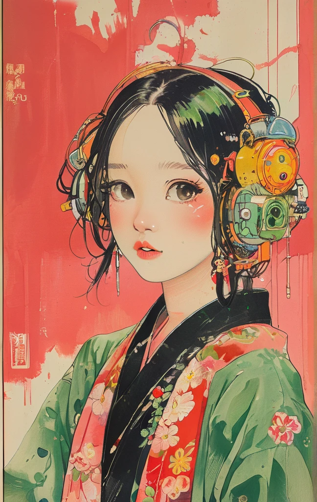 On a bright red campus"YES"Character、(masterpiece, best quality:1.2), 1 girl, Solitary,anime style,White hair, Girl with pink lips and light floral earrings puts finger on mouth,With the style of a top portrait painter, Yellow-green background.