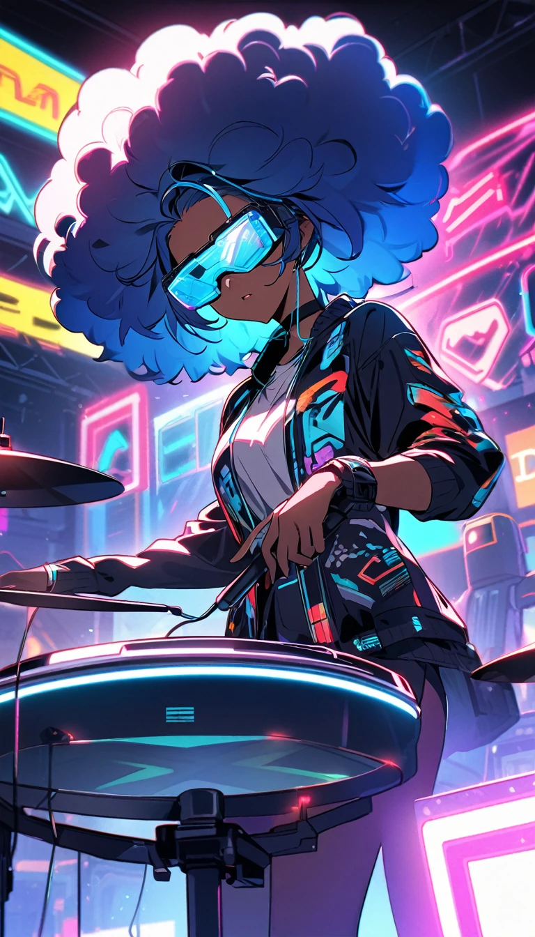 Beautiful, 1 dark skin, single girl, fluffy afro hair, blue hair, glowing wire, VR glasses mixed with sci-fi and neon tones. Behind it is a robot with neon lights. The background image is a large robot, clearly visible. ,on stage,playing electric drums,or DJ