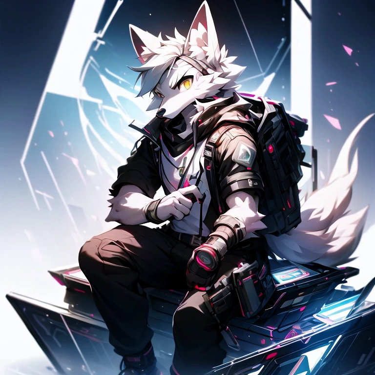 cyber punk perssonage,epcot,Tech style,solo person,White body,White ears,White hair,Overall white,Orange-yellow eyes,Wolf tail,Wolf orcs,Young,Wear a short-sleeved shirt,Ultra-clear screen,Soft lines