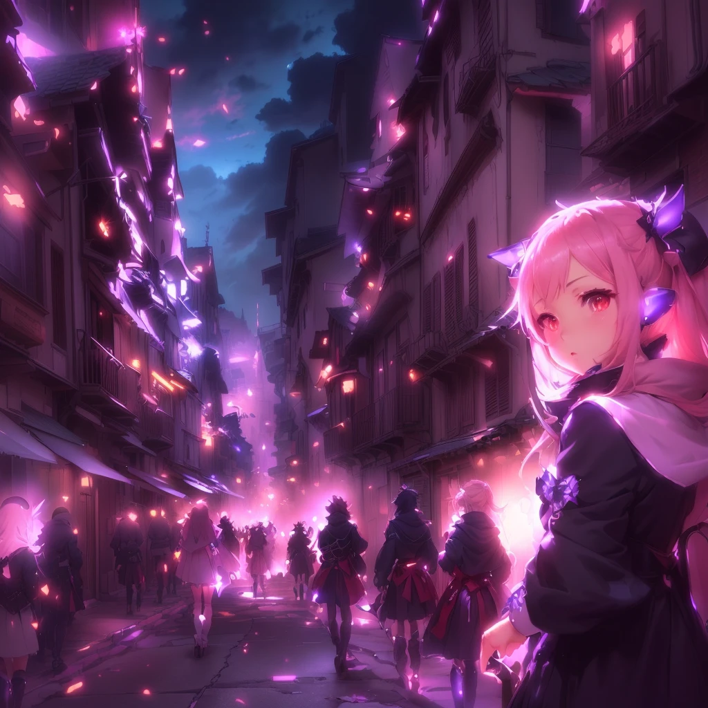 Anime girl walking down a city street lined with buildings, everyone, The ancient street behind her, Beautiful anime artwork, Gwaiz, Epic light novel art cover, Fate-like anime style/Stay Night, Artjam and Athi Gairan, artwork in the style of Gwaiz, Cute girl anime visuals, Anime Background Art, Beautiful anime art
