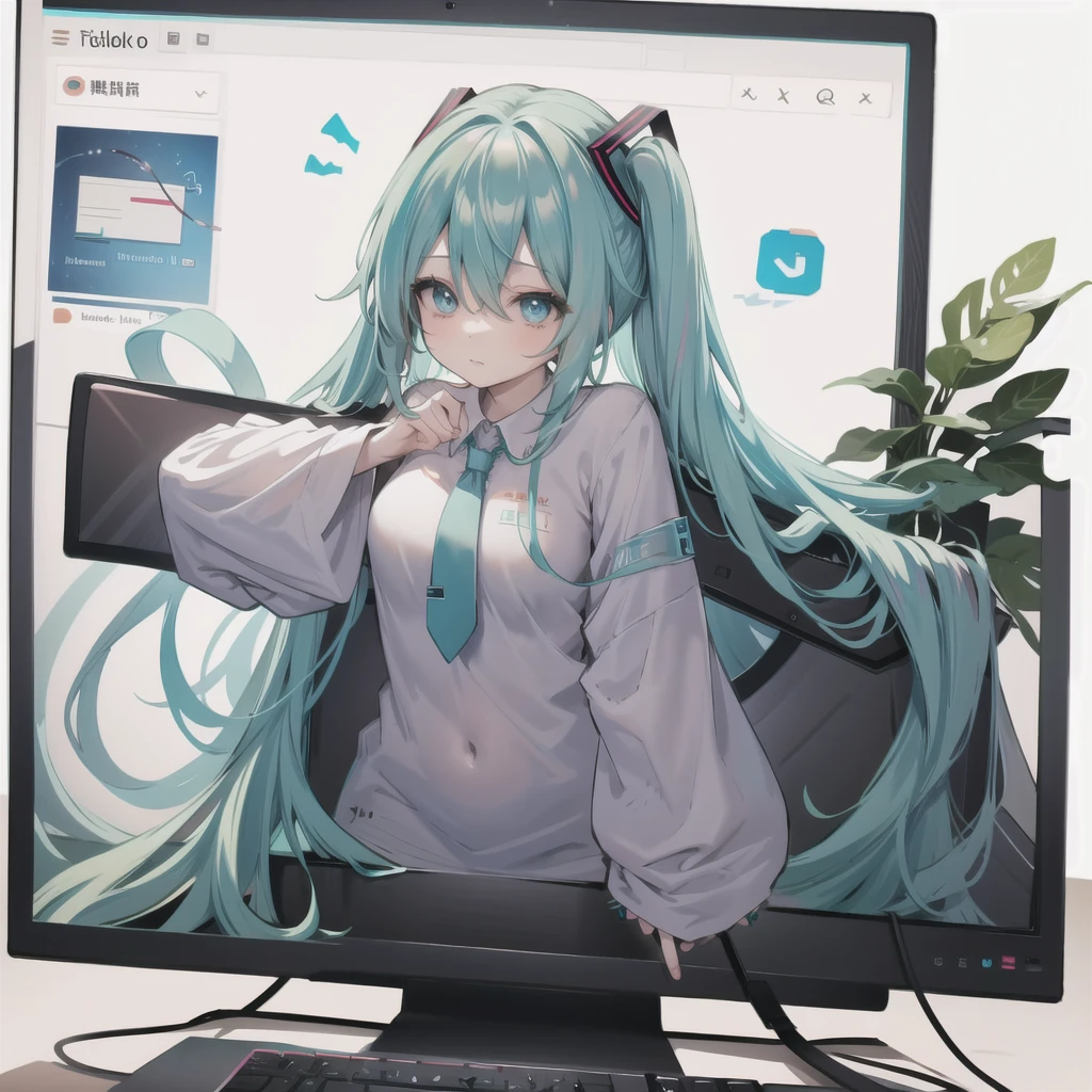 through screen, stuck, monitor,  1girl, breasts,  solo,hatsune miku, looking at viewer, hair between eyes, shirt, very long hair, bangs, , long sleeves, upper body, virtual youtuber,