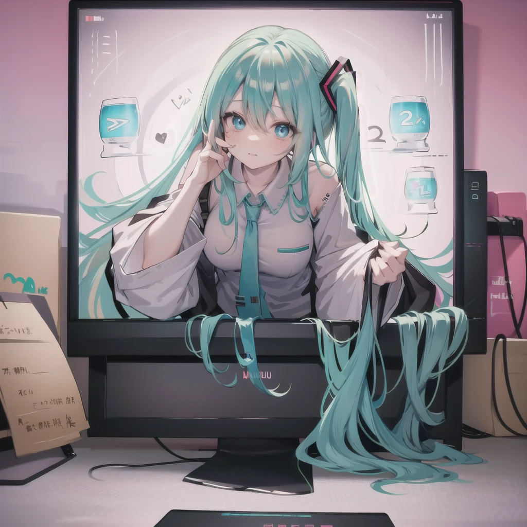 through screen, stuck, monitor,  1girl, breasts,  solo,hatsune miku, looking at viewer, hair between eyes, shirt, very long hair, bangs, , long sleeves, upper body, virtual youtuber,