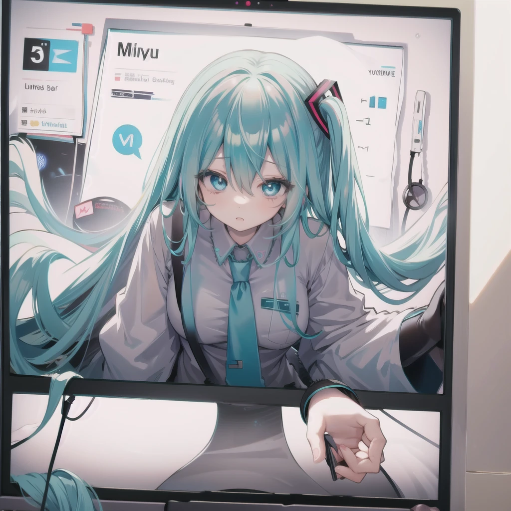 through screen, stuck, monitor,  1girl, breasts,  solo,hatsune miku, looking at viewer, hair between eyes, shirt, very long hair, bangs, , long sleeves, upper body, virtual youtuber,