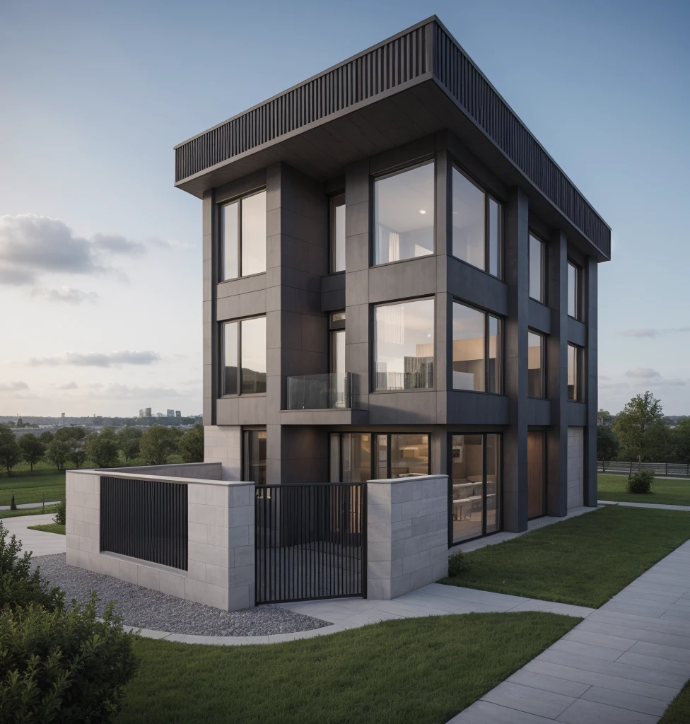 RAW photo, a photo of a modern villa with a car parked in front of it, ((1/2 dark grey wood facade)), architectural shot, gate, road, viet nam modern residence, rough white wall, new residential area, wide angle exterior 2022, contemporary house, exterior photography, masterpiece, contemporary architecture, overcast, indirect lighting