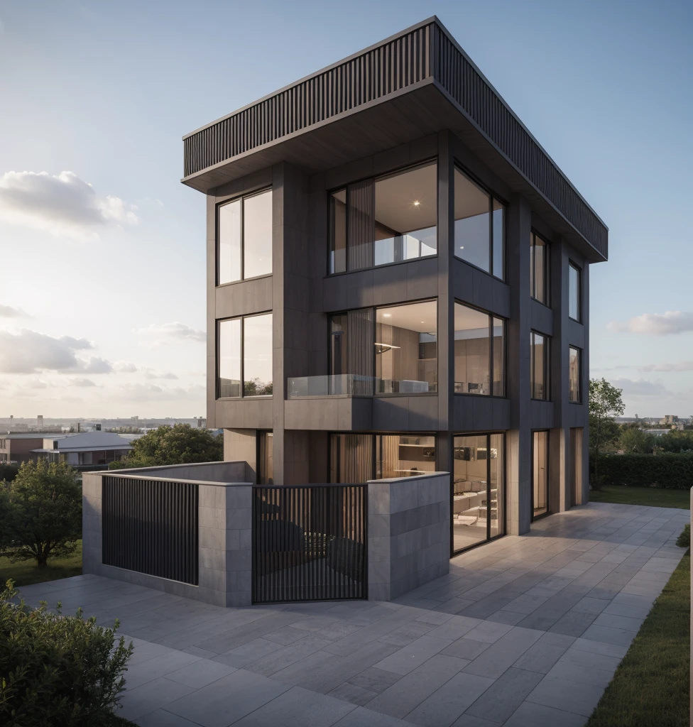 RAW photo, a photo of a modern villa with a car parked in front of it, ((1/2 dark grey wood facade)), architectural shot, gate, road, viet nam modern residence, rough white wall, new residential area, wide angle exterior 2022, contemporary house, exterior photography, masterpiece, contemporary architecture, overcast, indirect lighting