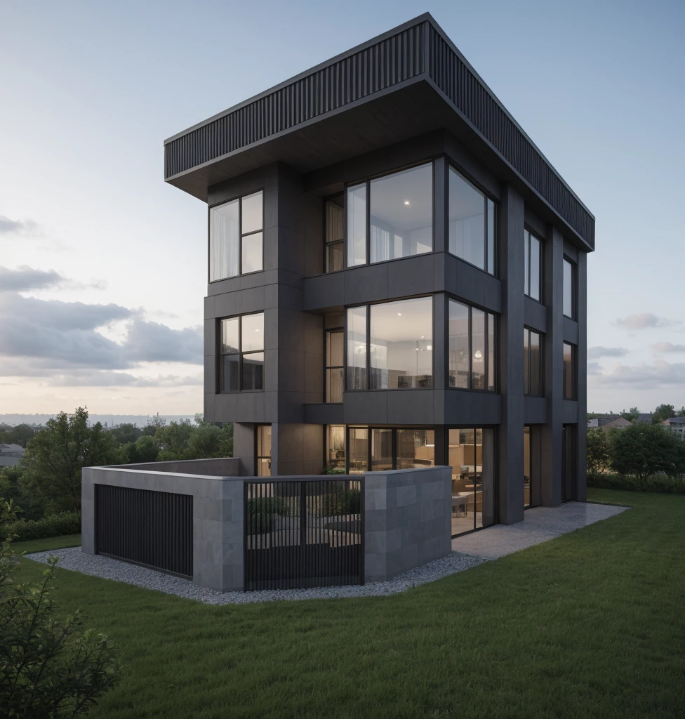 RAW photo, a photo of a modern villa with a car parked in front of it, ((1/2 dark grey wood facade)), architectural shot, gate, road, viet nam modern residence, rough white wall, new residential area, wide angle exterior 2022, contemporary house, exterior photography, masterpiece, contemporary architecture, overcast, indirect lighting