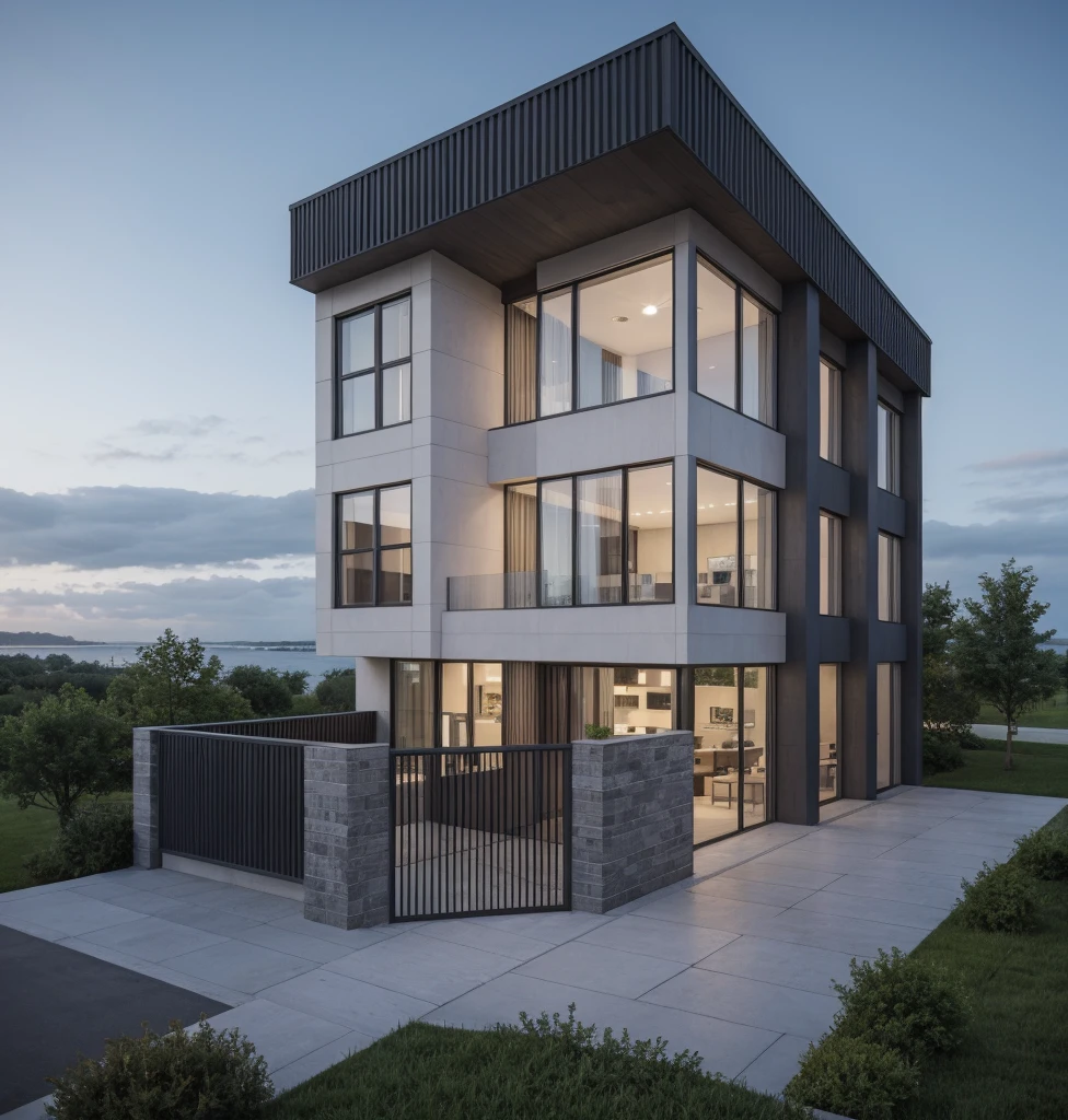 RAW photo, a photo of a modern villa with a car parked in front of it, ((1/2 dark grey wood facade)), architectural shot, gate, road, viet nam modern residence, rough white wall, new residential area, wide angle exterior 2022, contemporary house, exterior photography, masterpiece, contemporary architecture, overcast, indirect lighting