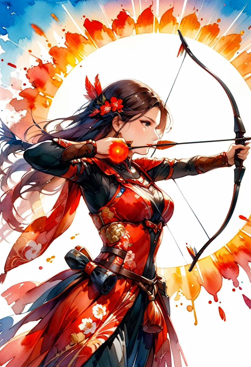 a Japanese watercolor illustration (using Black, white and red colors only) of a exquisite beautiful female archer, (silhouette artwork: 1.3), aiming a bow, holding the (composite masterwork bow: 1.3)  perfectly, ready for action as the sun rises, fantasy art, ), sun rising behind the archer, ready to act,  ultra feminine, with a long curvy hair, dynamic clothing, intricate clothes, , sting drawn to the cheek , arrow ready to be shot, (tip of the arrow glimmers in the sun: 1.3), sunrays, divine rays, high details, best quality, 16k, [ultra detailed], masterpiece, best quality, (extremely detailed), dynamic angle, Aiming a Bow, bow (weapon), ral-wtrclr