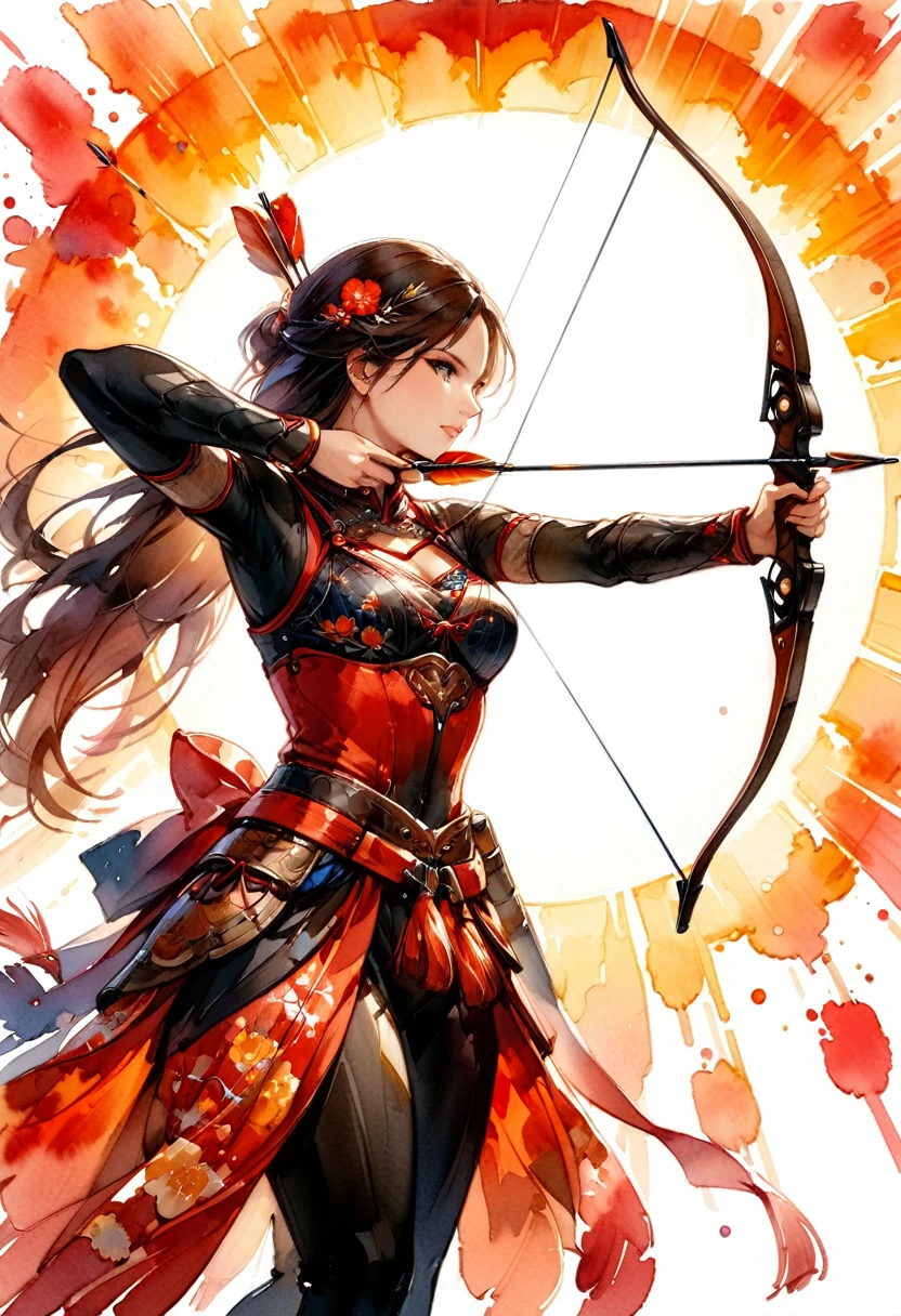 a Japanese watercolor illustration (using Black, white and red colors only) of a exquisite beautiful female archer, (silhouette artwork: 1.3), aiming a bow, holding the (composite masterwork bow: 1.3)  perfectly, ready for action as the sun rises, fantasy art, ), sun rising behind the archer, ready to act,  ultra feminine, with a long curvy hair, dynamic clothing, intricate clothes, , sting drawn to the cheek , arrow ready to be shot, (tip of the arrow glimmers in the sun: 1.3), sunrays, divine rays, high details, best quality, 16k, [ultra detailed], masterpiece, best quality, (extremely detailed), dynamic angle, Aiming a Bow, bow (weapon), ral-wtrclr