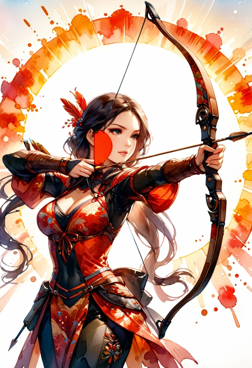 a Japanese watercolor illustration (using Black, white and red colors only) of a exquisite beautiful female archer, (silhouette artwork: 1.3), aiming a bow, holding the (composite masterwork bow: 1.3)  perfectly, ready for action as the sun rises, fantasy art, ), sun rising behind the archer, ready to act,  ultra feminine, with a long curvy hair, dynamic clothing, intricate clothes, , sting drawn to the cheek , arrow ready to be shot, (tip of the arrow glimmers in the sun: 1.3), sunrays, divine rays, high details, best quality, 16k, [ultra detailed], masterpiece, best quality, (extremely detailed), dynamic angle, Aiming a Bow, bow (weapon), ral-wtrclr