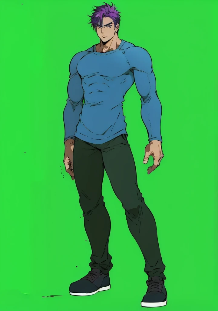 Generate an anime-style art image of a protagonist character, Hero , with purple hair , in a casual outfit.